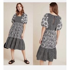 ANTHROPOLOGIE Bloomingprint Dress Size 0 Adrienne Flounced Midi Floral Pockets